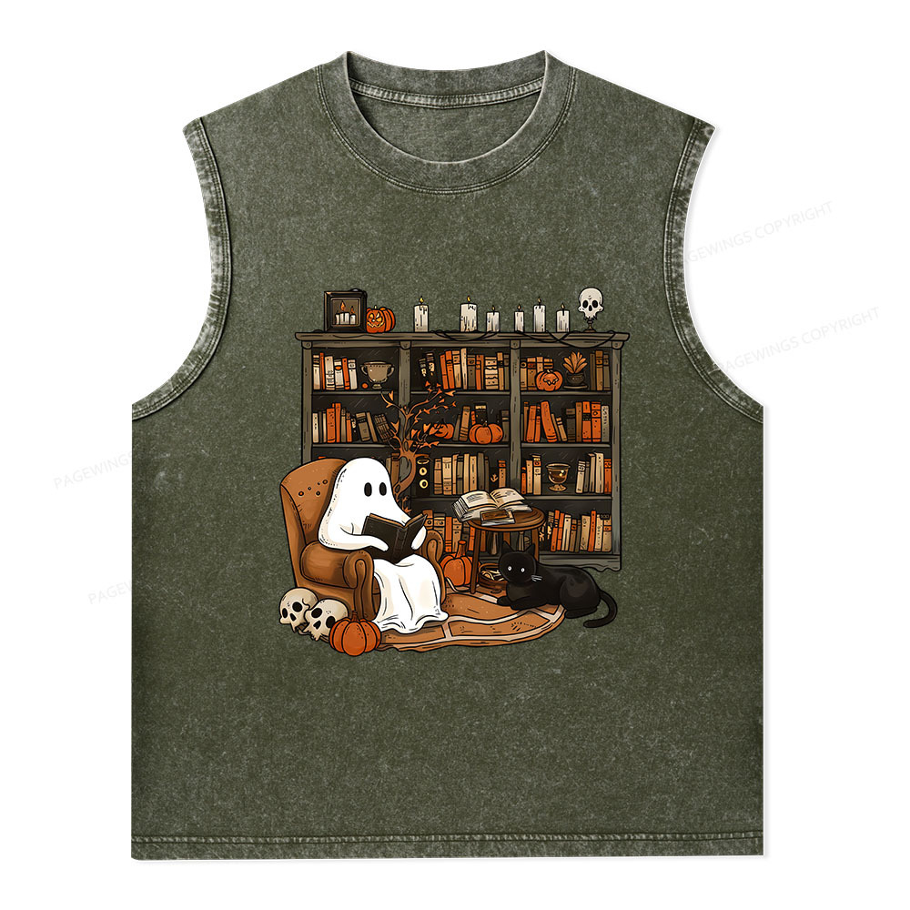 Pagewings Halloween Ghost Reading Books Unisex Washed Tank Top