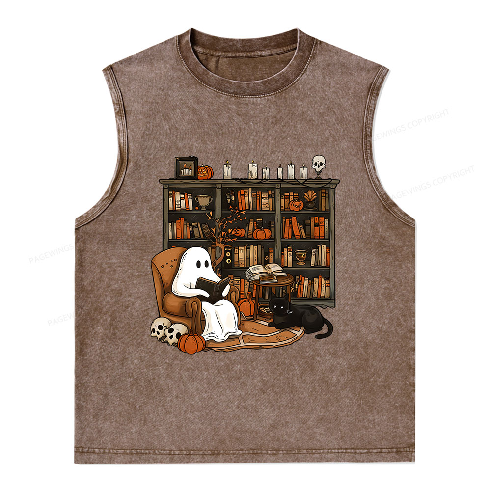 Pagewings Halloween Ghost Reading Books Unisex Washed Tank Top