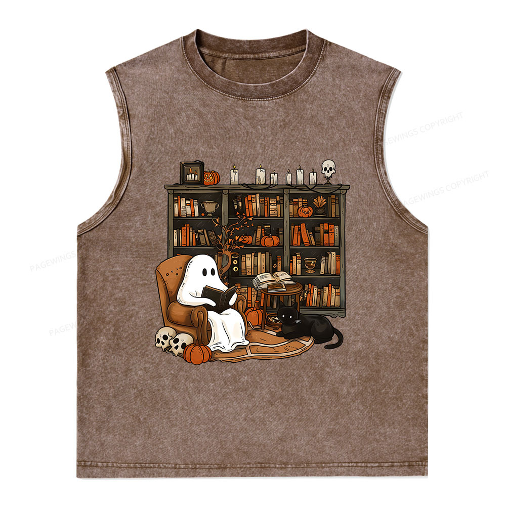 Pagewings Halloween Ghost Reading Books Unisex Washed Tank Top