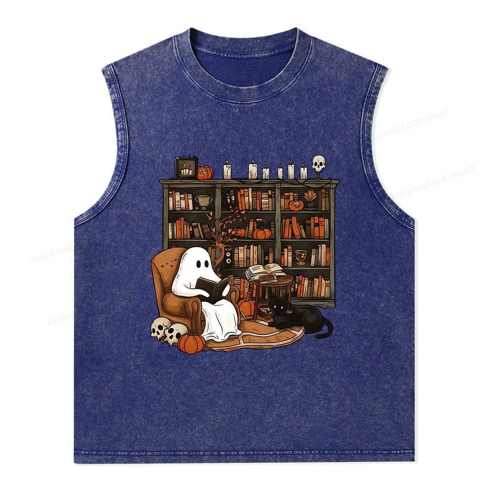 Pagewings Halloween Ghost Reading Books Unisex Washed Tank Top