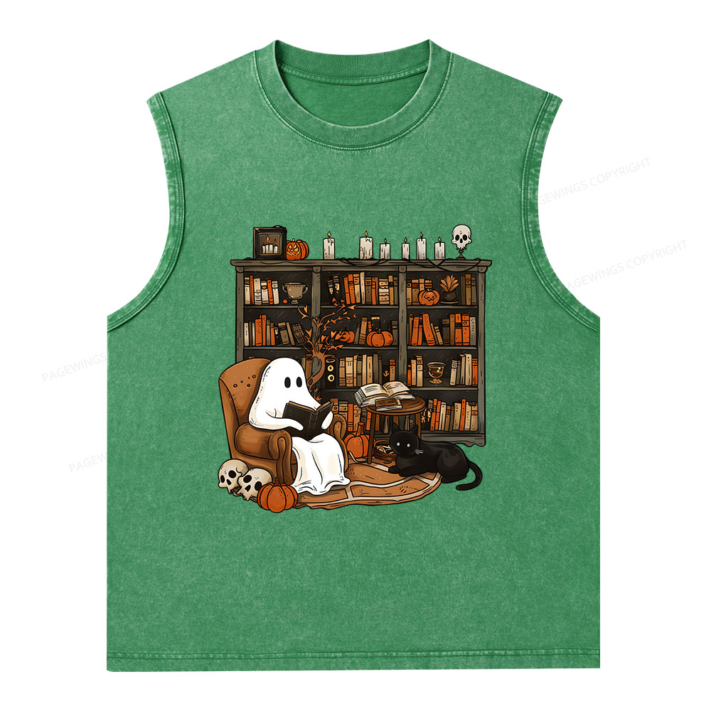 Pagewings Halloween Ghost Reading Books Unisex Washed Tank Top