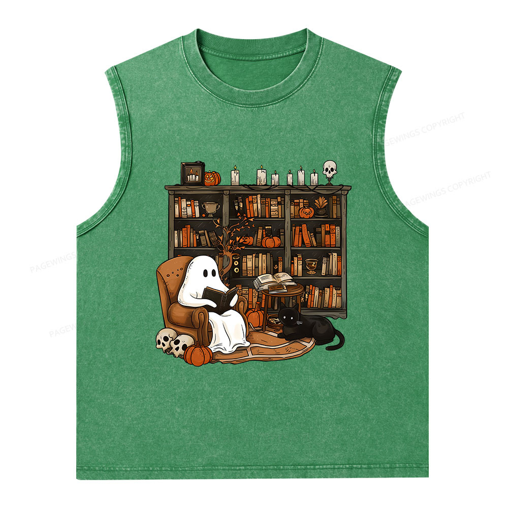 Pagewings Halloween Ghost Reading Books Unisex Washed Tank Top