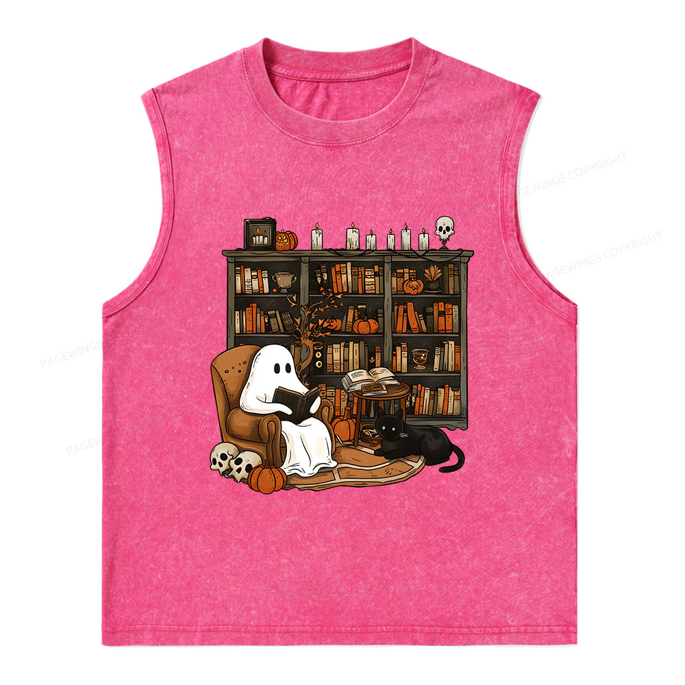 Pagewings Halloween Ghost Reading Books Unisex Washed Tank Top