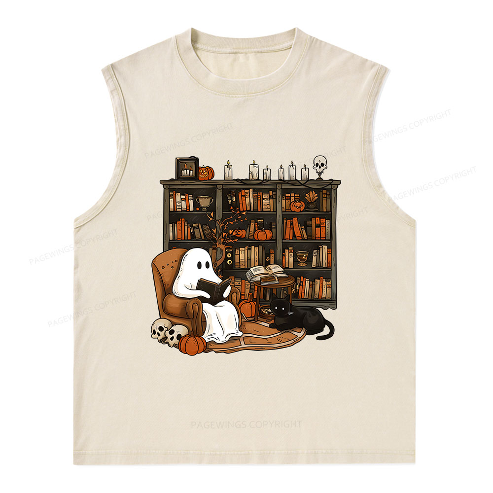 Pagewings Halloween Ghost Reading Books Unisex Washed Tank Top