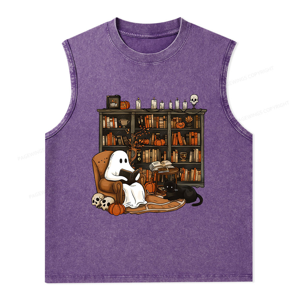 Pagewings Halloween Ghost Reading Books Unisex Washed Tank Top