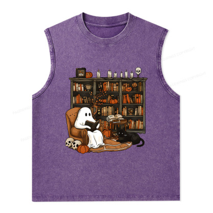 Pagewings Halloween Ghost Reading Books Unisex Washed Tank Top
