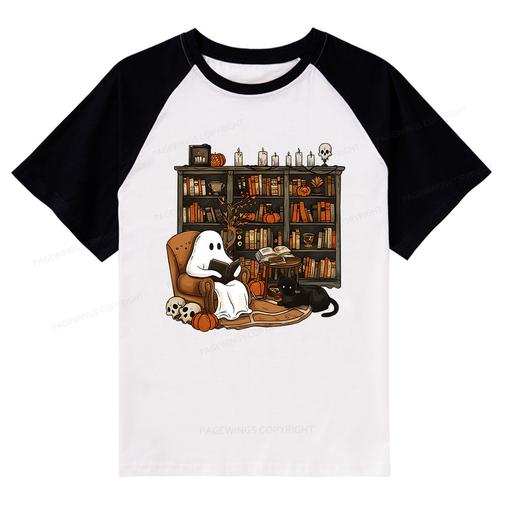 Pagewings Halloween Ghost Reading Books Raglan T-shirt