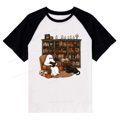 Pagewings Halloween Ghost Reading Books Raglan T-shirt