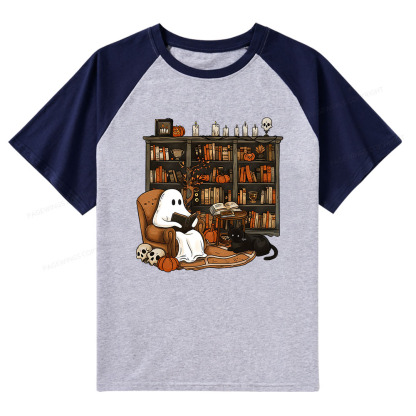 Pagewings Halloween Ghost Reading Books Raglan T-shirt