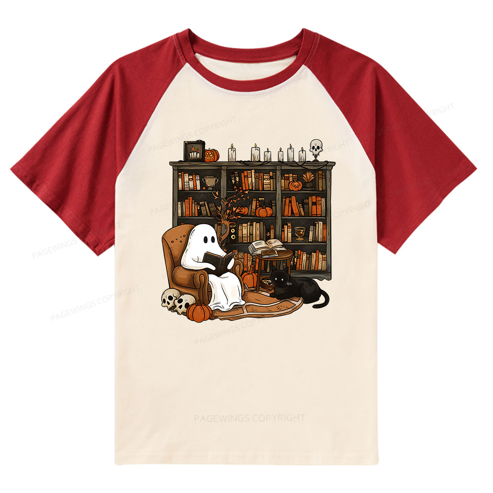 Pagewings Halloween Ghost Reading Books Raglan T-shirt