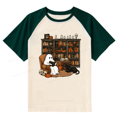 Pagewings Halloween Ghost Reading Books Raglan T-shirt