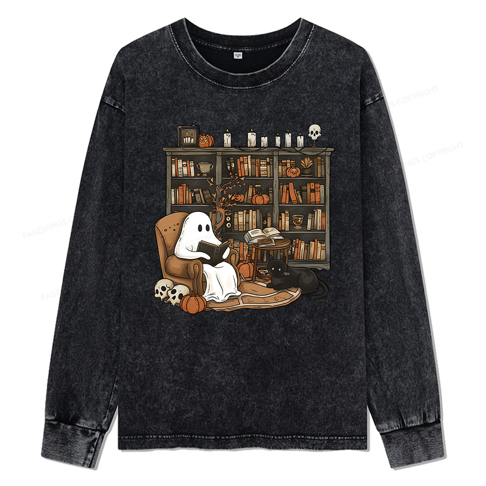 Pagewings Halloween Ghost Reading Books Unisex Washed Long Sleeve T-shirt