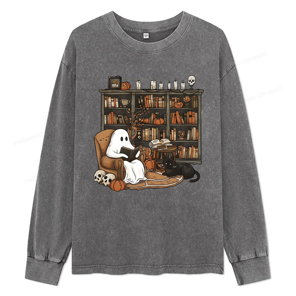 Pagewings Halloween Ghost Reading Books Unisex Washed Long Sleeve T-shirt