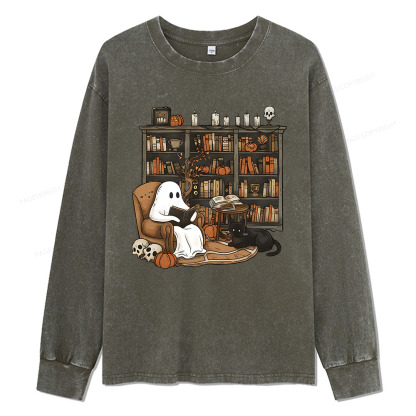 Pagewings Halloween Ghost Reading Books Unisex Washed Long Sleeve T-shirt