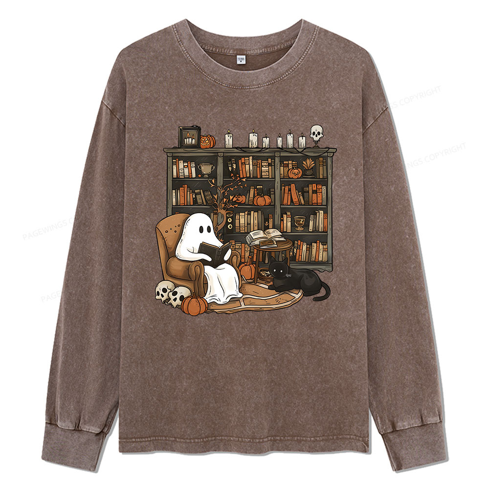 Pagewings Halloween Ghost Reading Books Unisex Washed Long Sleeve T-shirt