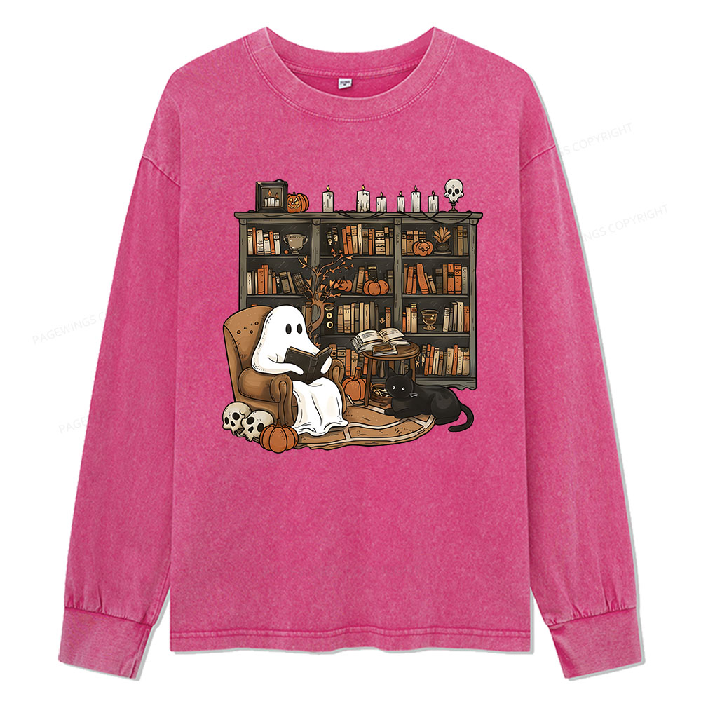 Pagewings Halloween Ghost Reading Books Unisex Washed Long Sleeve T-shirt