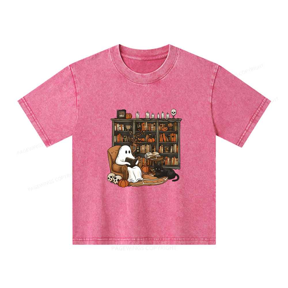 Pagewings Halloween Ghost Reading Books Unisex Kids Washed T-shirt