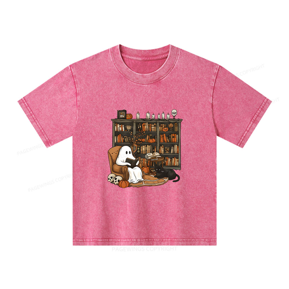Pagewings Halloween Ghost Reading Books Unisex Kids Washed T-shirt