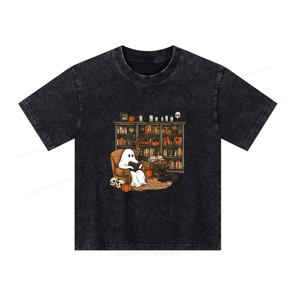 Pagewings Halloween Ghost Reading Books Unisex Kids Washed T-shirt