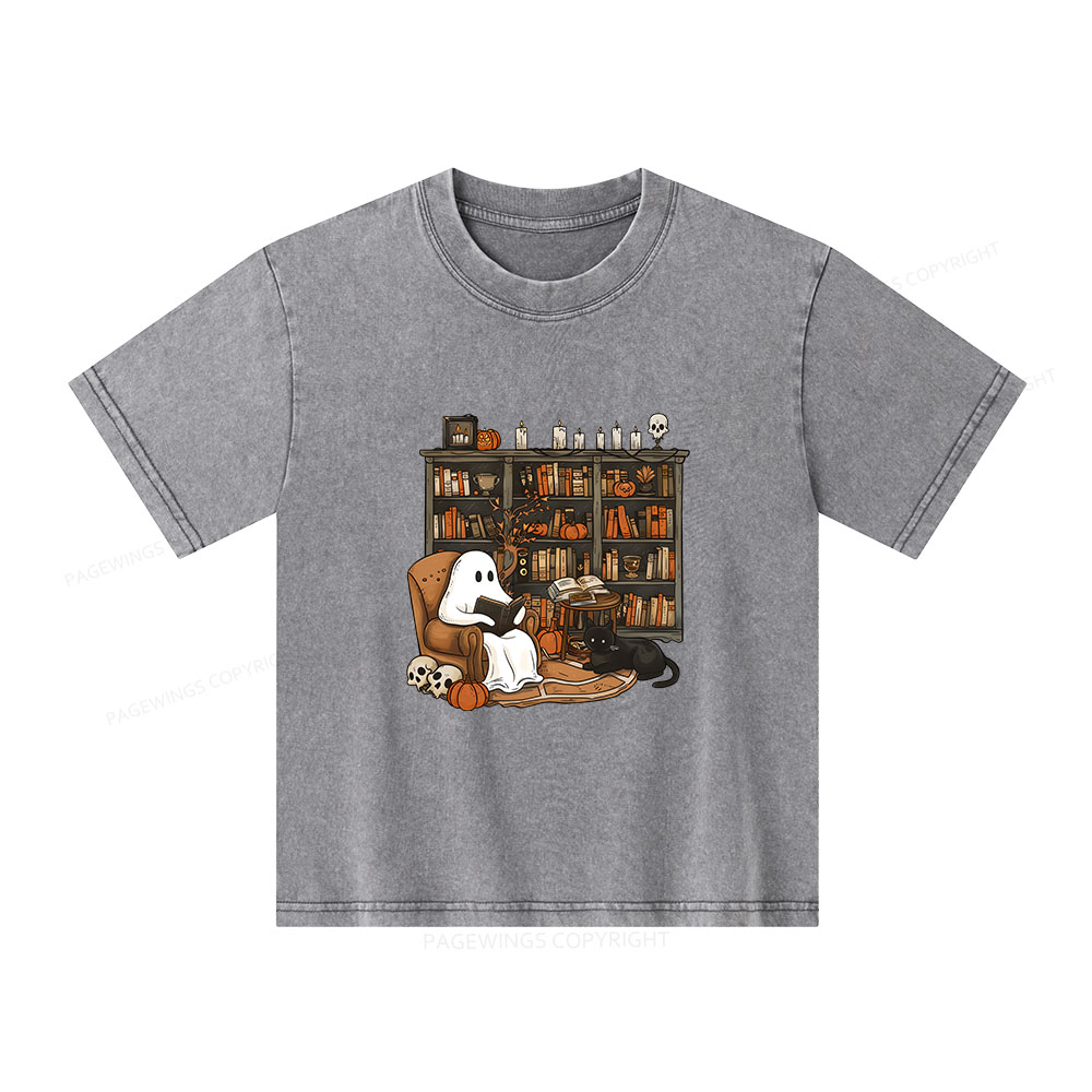 Pagewings Halloween Ghost Reading Books Unisex Kids Washed T-shirt