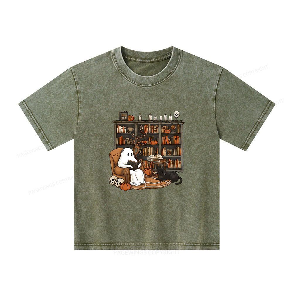 Pagewings Halloween Ghost Reading Books Unisex Kids Washed T-shirt