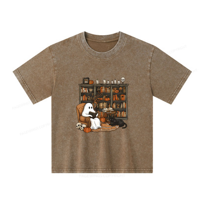 Pagewings Halloween Ghost Reading Books Unisex Kids Washed T-shirt