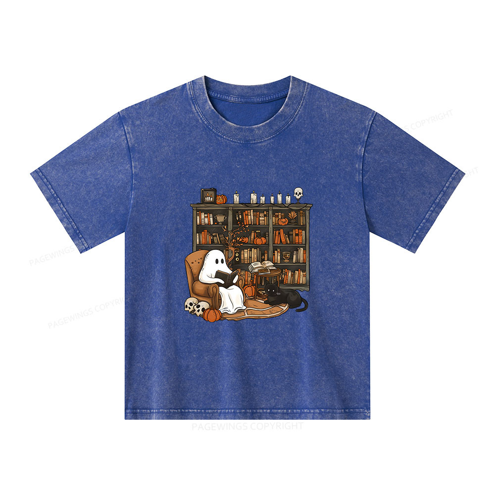 Pagewings Halloween Ghost Reading Books Unisex Kids Washed T-shirt