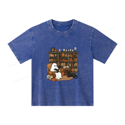 Pagewings Halloween Ghost Reading Books Unisex Kids Washed T-shirt