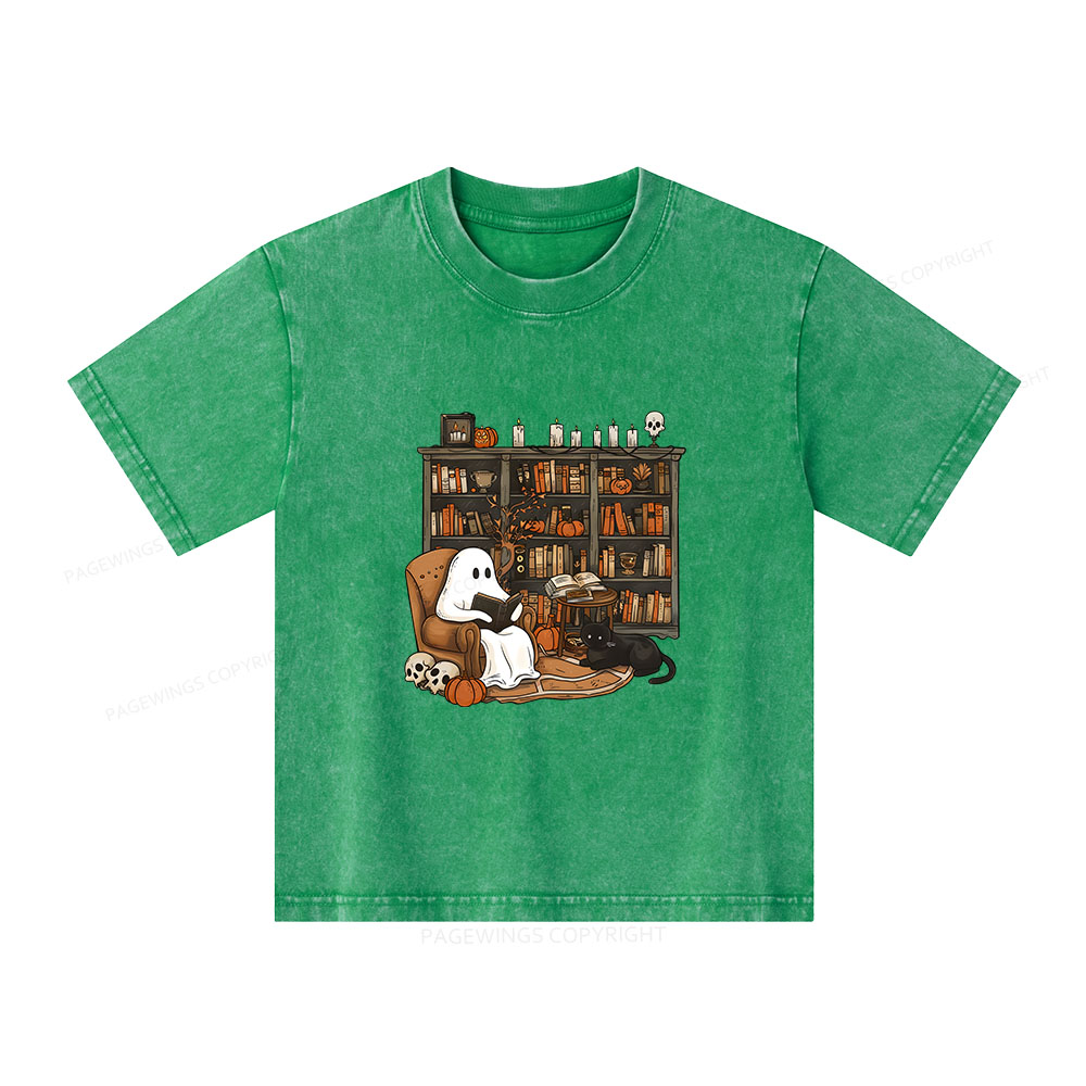 Pagewings Halloween Ghost Reading Books Unisex Kids Washed T-shirt