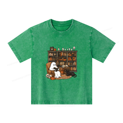 Pagewings Halloween Ghost Reading Books Unisex Kids Washed T-shirt