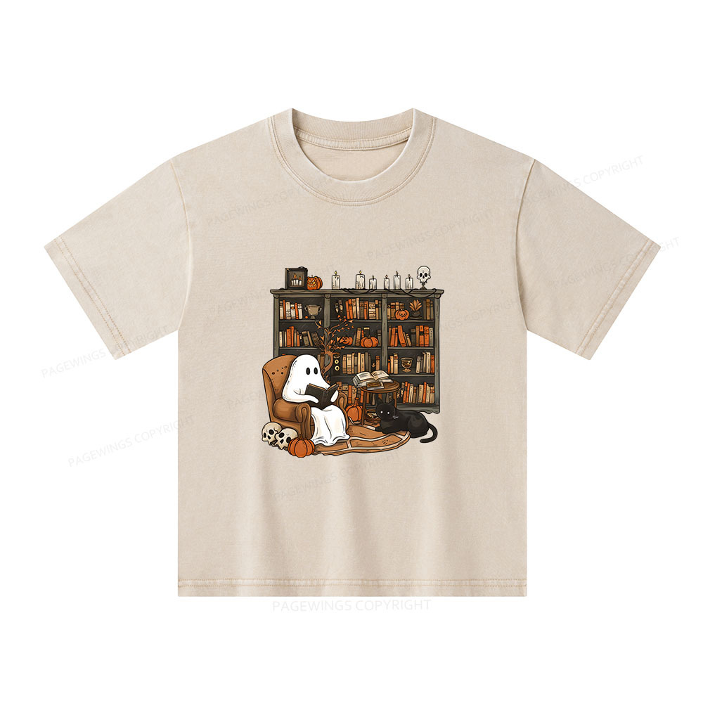 Pagewings Halloween Ghost Reading Books Unisex Kids Washed T-shirt