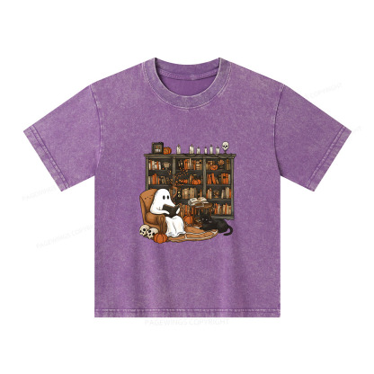 Pagewings Halloween Ghost Reading Books Unisex Kids Washed T-shirt