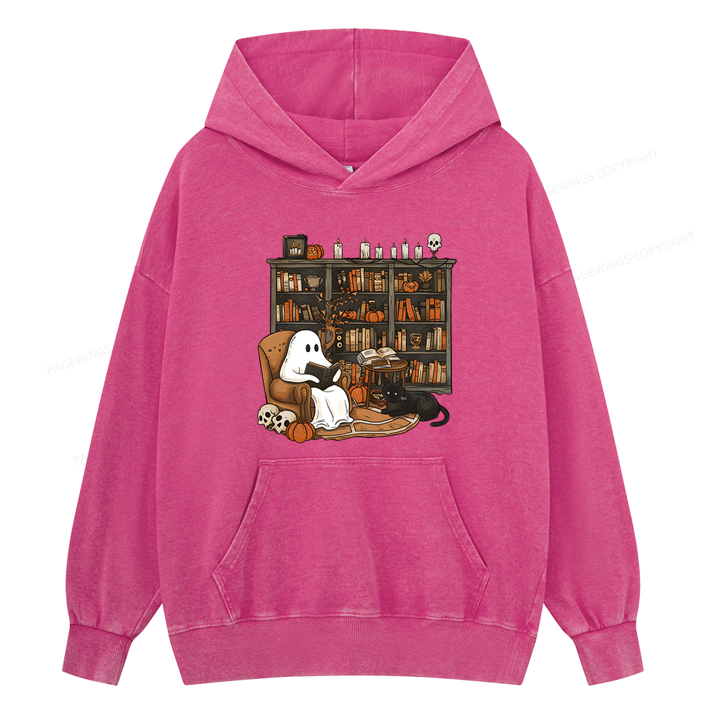 Pagewings Halloween Ghost Reading Books Unisex Washed Hoodie