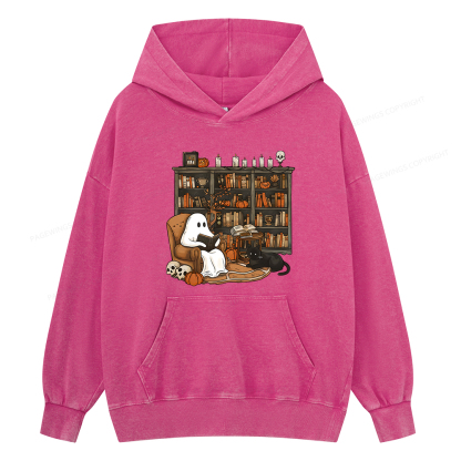 Pagewings Halloween Ghost Reading Books Unisex Washed Hoodie