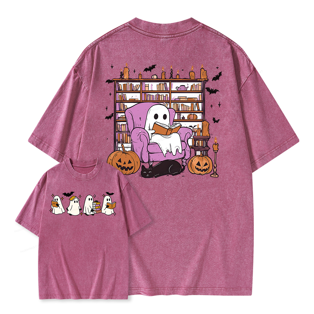 Pagewings Ghost Book Reader Unisex Washed T-shirt