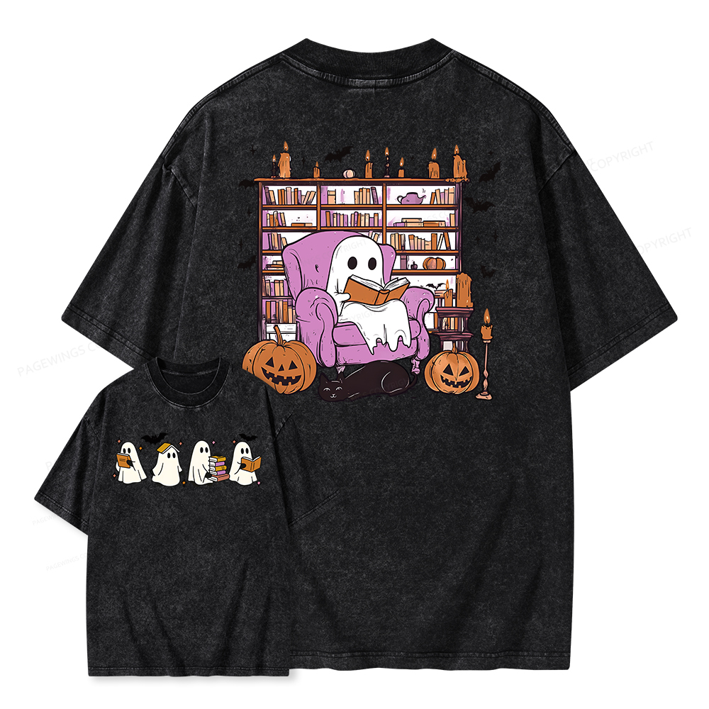 Pagewings Ghost Book Reader Unisex Washed T-shirt