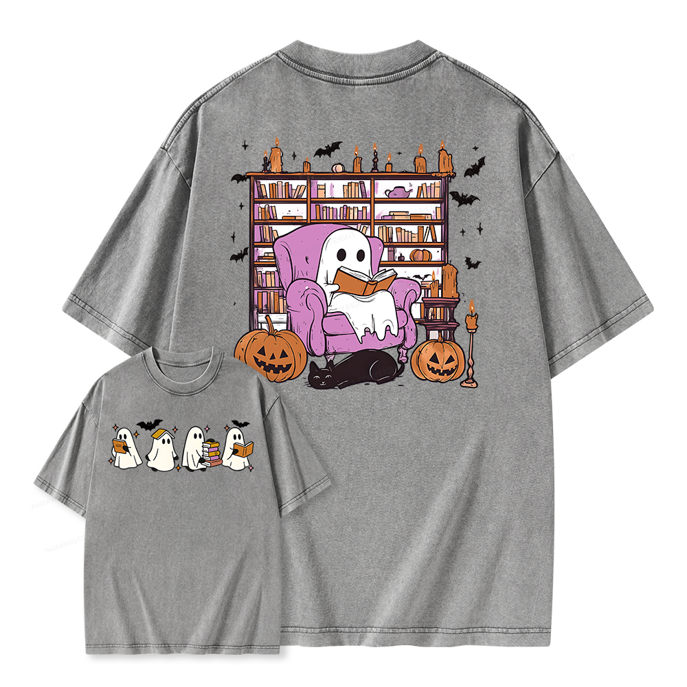 Pagewings Ghost Book Reader Unisex Washed T-shirt