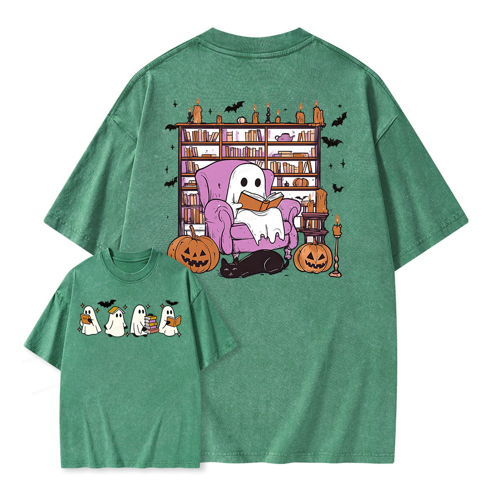 Pagewings Ghost Book Reader Unisex Washed T-shirt
