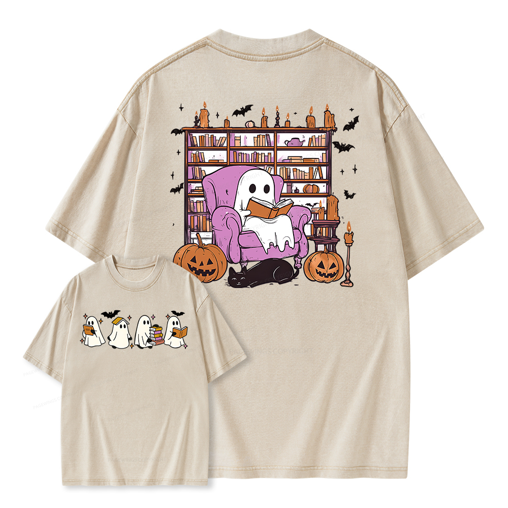 Pagewings Ghost Book Reader Unisex Washed T-shirt