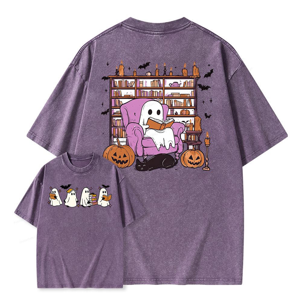 Pagewings Ghost Book Reader Unisex Washed T-shirt