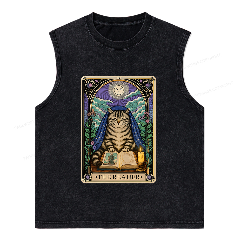 Pagewings The Reader Cat Tarot Cards Unisex Washed Tank Top