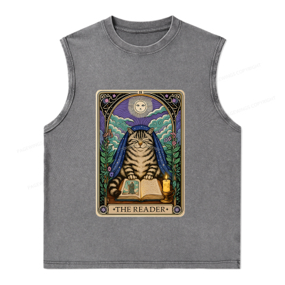 Pagewings The Reader Cat Tarot Cards Unisex Washed Tank Top
