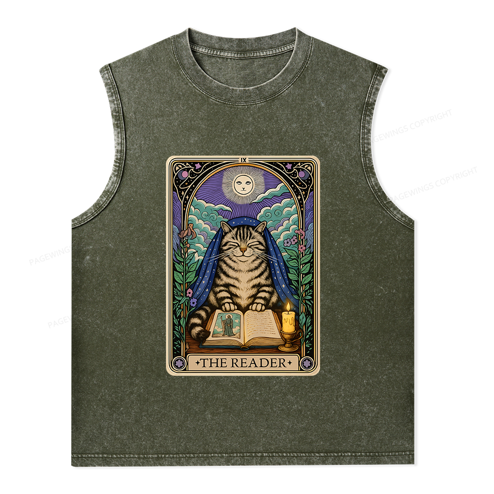 Pagewings The Reader Cat Tarot Cards Unisex Washed Tank Top