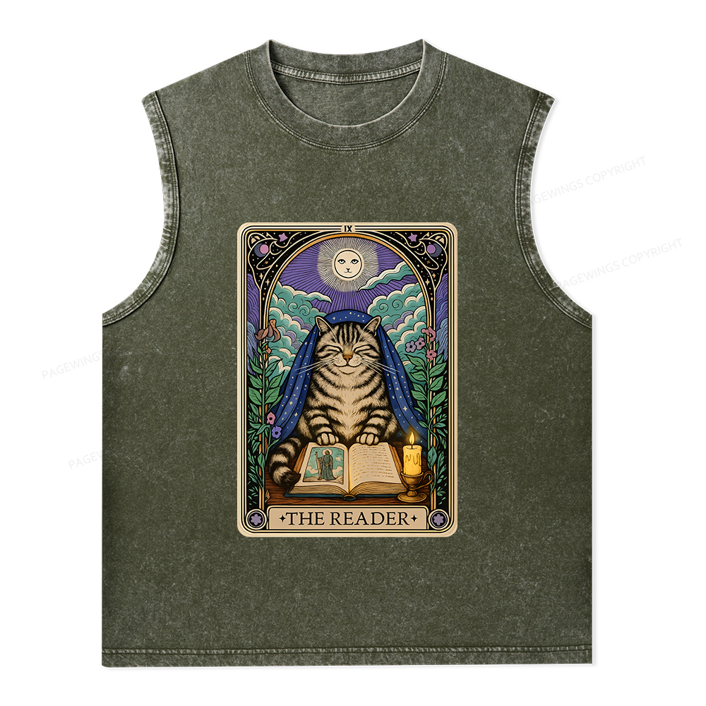 Pagewings The Reader Cat Tarot Cards Unisex Washed Tank Top