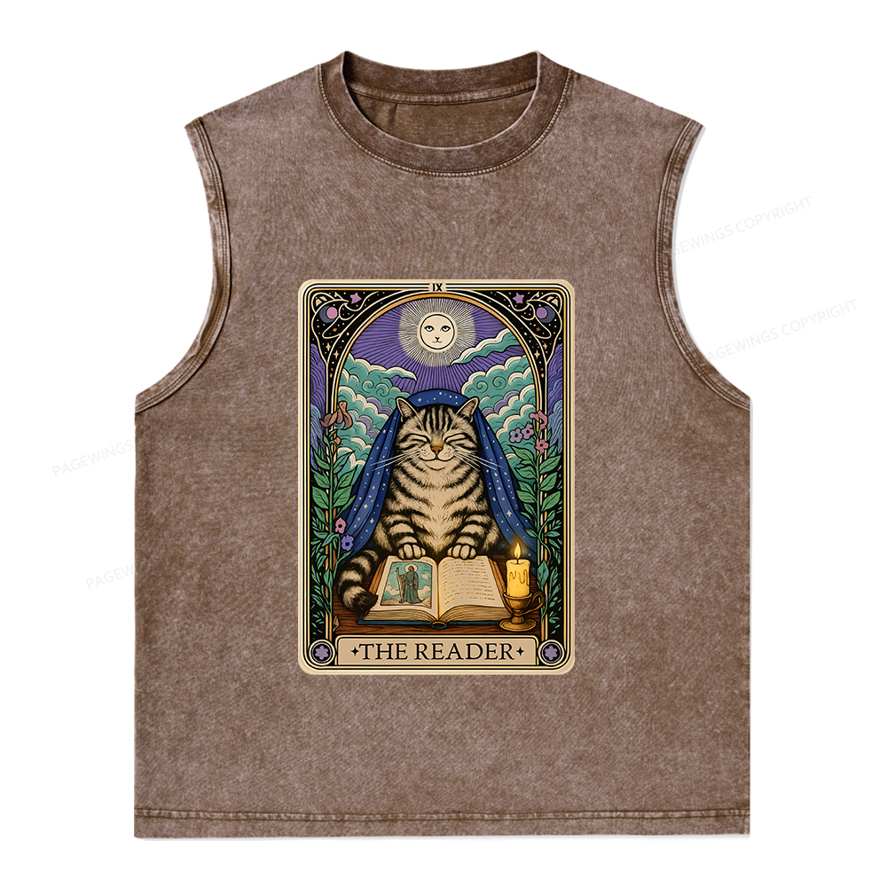 Pagewings The Reader Cat Tarot Cards Unisex Washed Tank Top