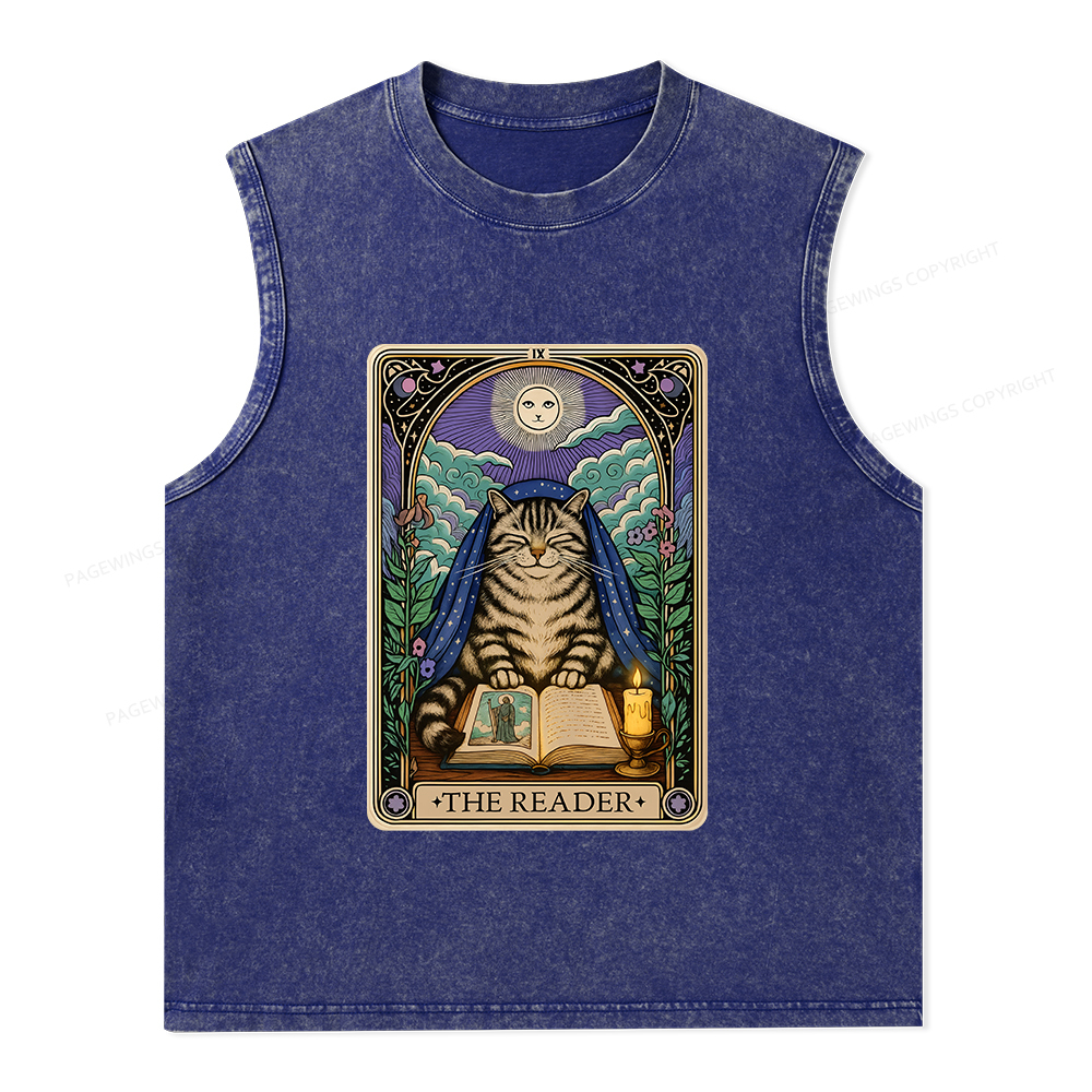 Pagewings The Reader Cat Tarot Cards Unisex Washed Tank Top