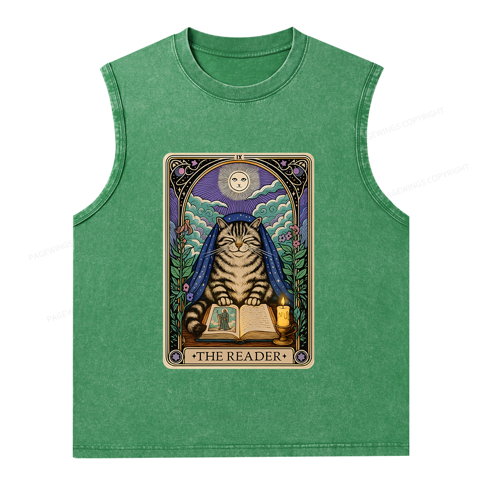Pagewings The Reader Cat Tarot Cards Unisex Washed Tank Top