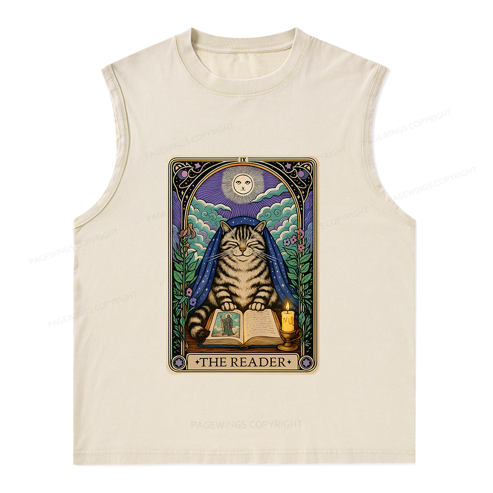 Pagewings The Reader Cat Tarot Cards Unisex Washed Tank Top