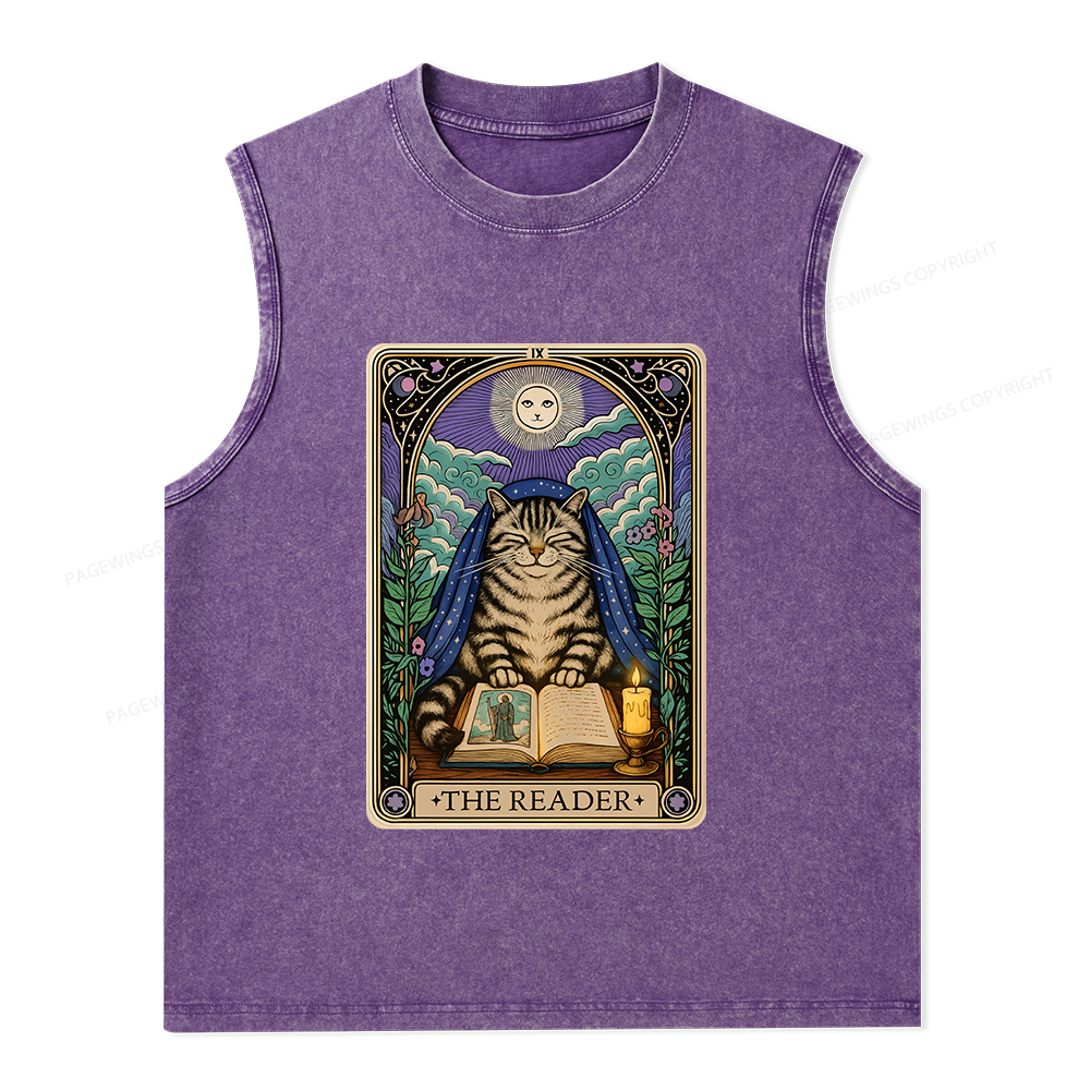 Pagewings The Reader Cat Tarot Cards Unisex Washed Tank Top