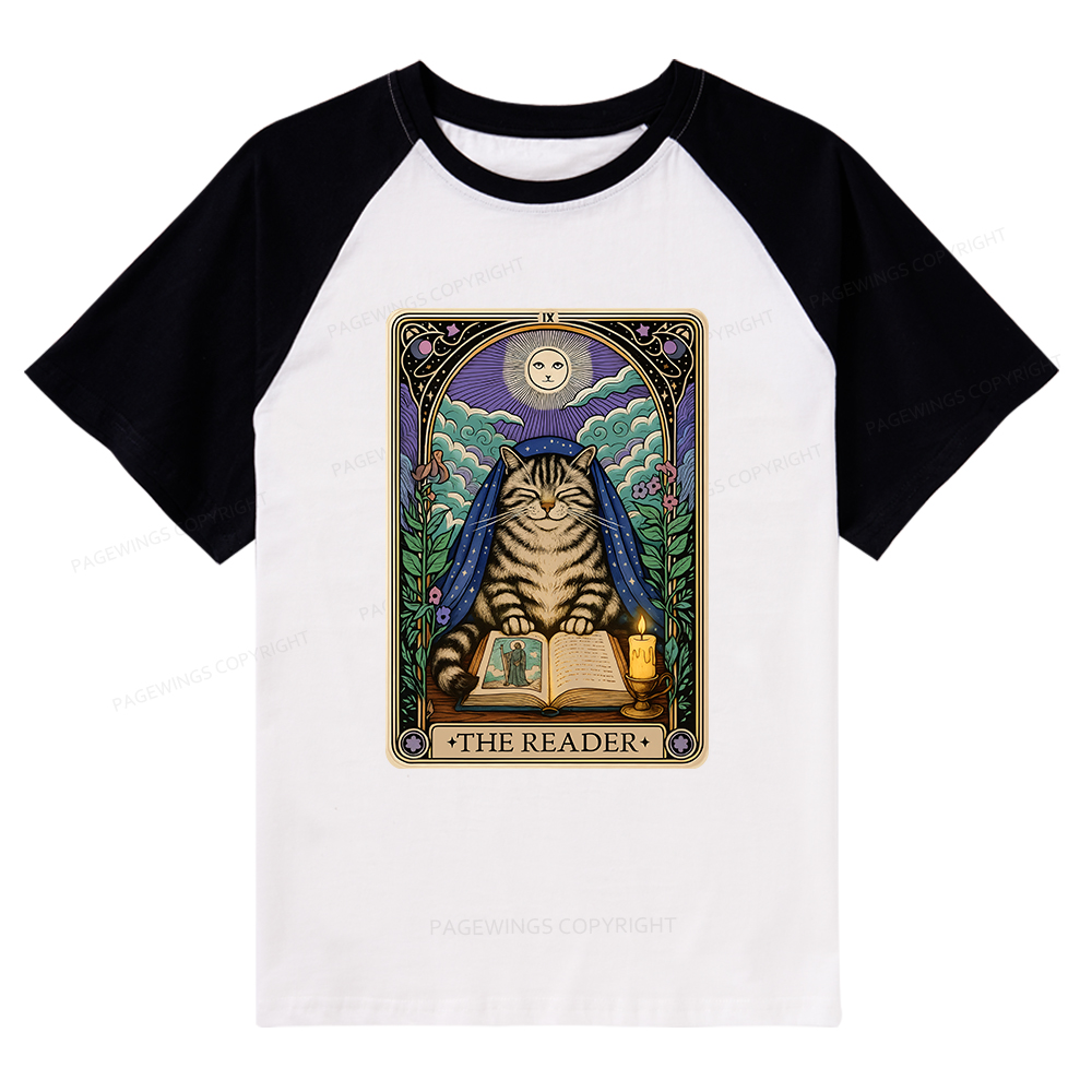 Pagewings The Reader Cat Tarot Cards Raglan T-shirt